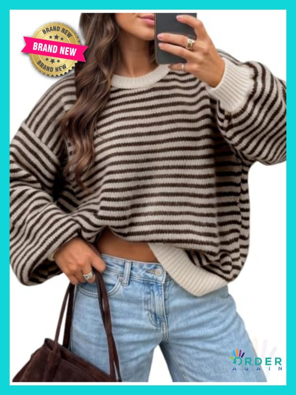 Oversized Striped Pullover Sweater, Contrast Stripe, Drop Shoulder
